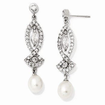 Sterling Silver CZ Freshwater Cultured Pearl Dangle Post Earrings