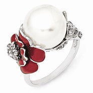 Sterling Silver FCPearl & CZ with Enameled Flower Ring