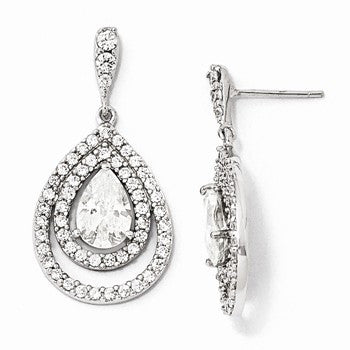 Sterling Silver Pear CZ Dangle Post Earrings