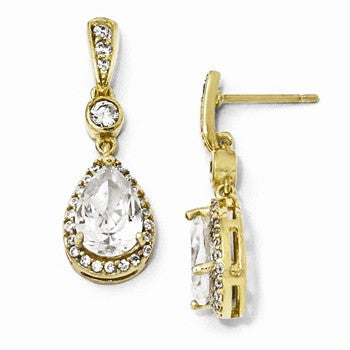 Sterling Silver Gold-plated Pear CZ Post Dangle Earrings