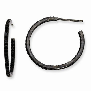 Black-plated Sterling Silver In/Out Black CZ Post Hoop Earrings