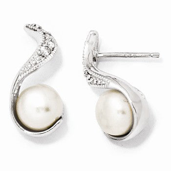 Sterling Silver CZ Freshwater Cultured Pearl Swirl Post Earrings
