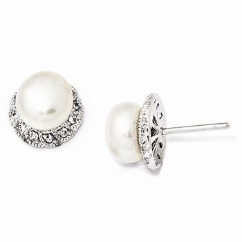 Sterling Silver CZ White Cultured Pearl Stud Earrings