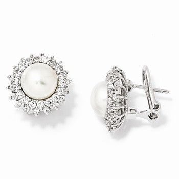 Sterling Silver CZ Freshwater Cultured Pearl Omega Back Earrings
