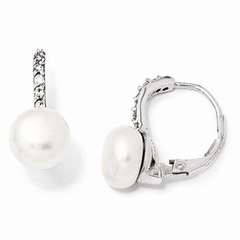 Sterling Silver CZ Freshwater Cultured Pearl Leverback Earrings