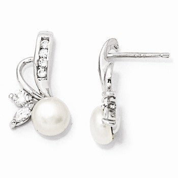 Sterling Silver CZ Cultured Pearl Leaf Post Earrings