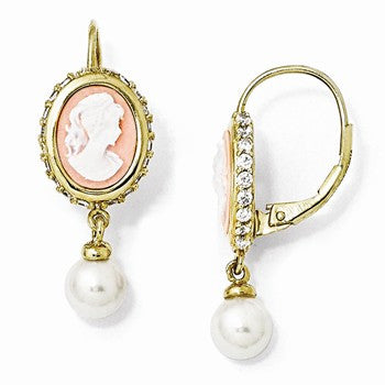 Sterling Silver Gold-plated Glass Pearl/Cameo/CZ Leverback Earrings