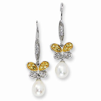 Sterling Silver CZ Cultured Pearl Butterfly Dangle Earrings