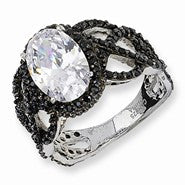 Sterling Silver Black-plated Fancy Oval Black/Wht CZ Ring