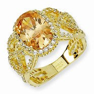 Gold-plated Sterling Silver Fancy Oval Champ/Wht CZ Ring