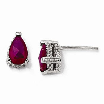 Sterling Silver Pear-shape Synthetic Ruby CZ Post Earrings