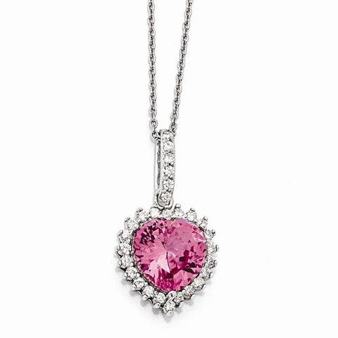 Sterling Silver Facet Heart Synth Pink Sapph, CZ Necklace