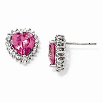 Sterling Silver 100-facet Heart Synth Pink Sapph/CZ Post Earrings
