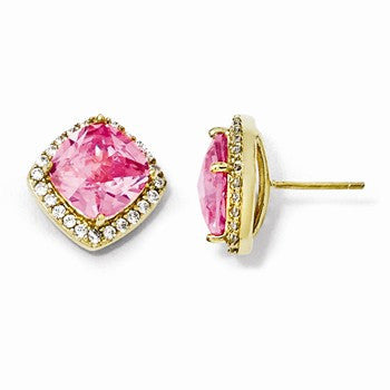 Sterling Silver Gold-plated Rose-cut Pink CZ Square Post Earrings
