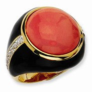 Gold-plated Sterling Silver Black Enamel Simulated Red Coral & CZ Ring