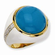Gold-plated Sterling Silver White Enamel Simulated Turquoise & CZ Ring