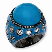 Black-plated Sterling Silver Enameled Simulated Turquoise & CZ Ring