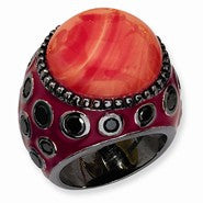 Black-plated Sterling Silver Enameled Simulated Red Coral & CZ Ring