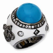 Black-plated Sterling Silver Enamel Simulated Turquoise & CZ Ring