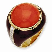 Gold-plated Sterling Silver Brn Enamel Simulated Red Coral & CZ Ring