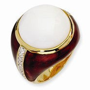 Gold-plated Sterling Silver Brn Enamel Simulated White Agate & CZ Ring