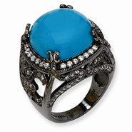 Black-plated Sterling Silver Simulated Turquoise & CZ Ring