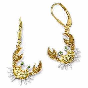 Sterling Silver Gold-plated Enamel CZ Glass Sim.Em. Crab Leverback Earrings