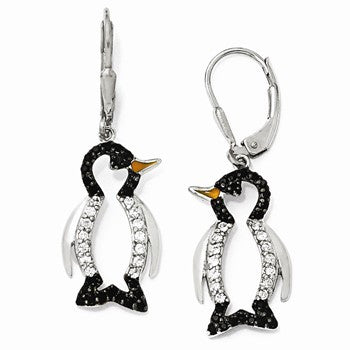 Sterling Silver Enameled Blk Wht CZ Penguin Leverback Earrings