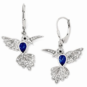 Sterling Silver CZ Synthetic Dark Blue Spinel Hummingbird Leverback Earrings