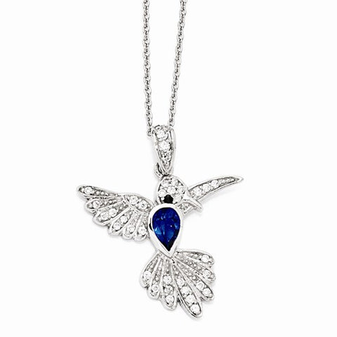 Sterling Silver CZ & Synthetic Dark Blue Spinel Hummingbird Necklace
