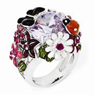 Sterling Silver Enameled Lavender CZ Flower Ring