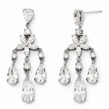 Sterling Silver CZ Flower Dangle Post Earrings