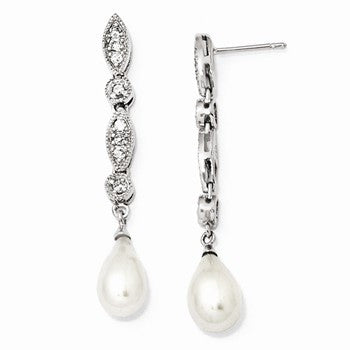 Sterling Silver CZ Freshwater Pearl Post Dangle Earrings