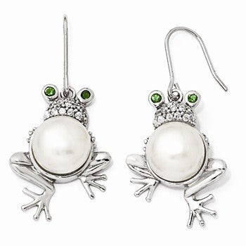 Sterling Silver Glass Simulated Emerald CZ FWC Pearl Frog Earrings