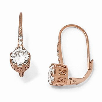 Sterling Silver CZ Rose Gold-Plated Leverback Earrings