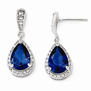 Sterling Silver CZ Synthetic Dark Blue Spinel Post Dangle Earrings