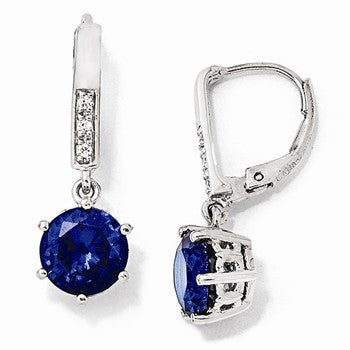 Sterling Silver CZ Synthetic D.Blue Spinel Leverback Dangle Earrings