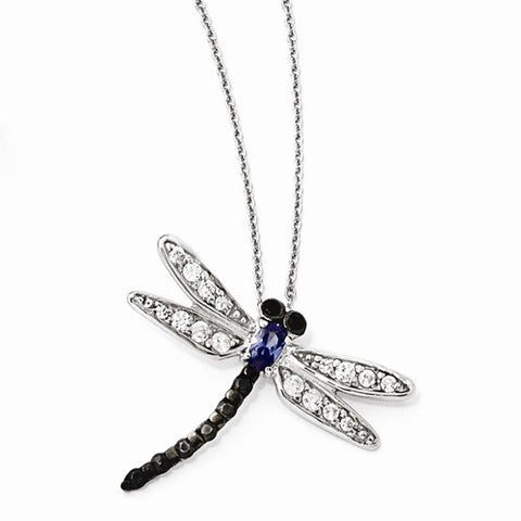 Sterling Silver White, Black & Blue CZ Dragonfly Necklace