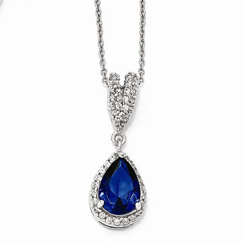 Sterling Silver CZ & Synthetic Dark Blue Spinel Pear Shaped Necklace