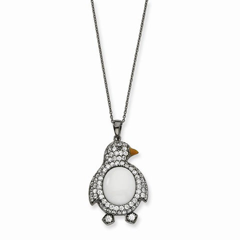 Sterling Silver CZ White Agate Black Rhodium Penguin Necklace