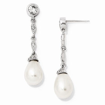 Sterling Silver CZ Freshwater Cultured Pearl Post Dangle Earrings