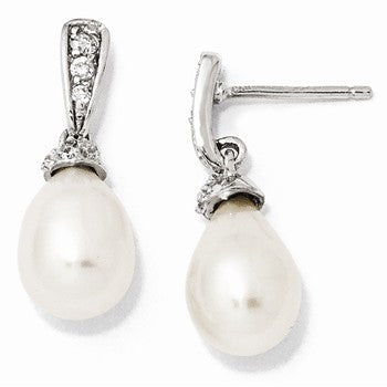 Sterling Silver CZ Freshwater Cultured Pearl Post Dangle Earrings