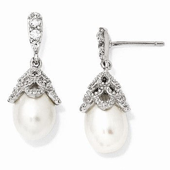 Sterling Silver CZ Freshwater Cultured Pearl Post Dangle Earrings