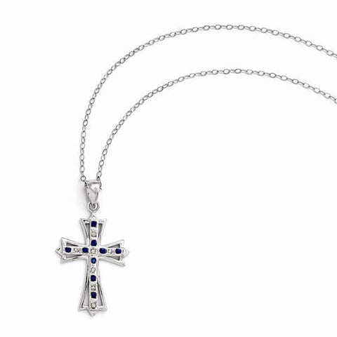 Sterling Silver & Platinum-Plated Dia & Sapphire Cross Necklace