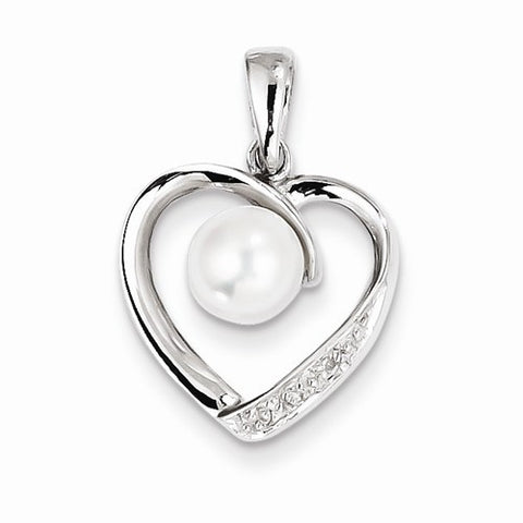 Sterling Silver 6mm FW Cultured Pearl & Diamond Heart Pendant, Pendants for Necklace