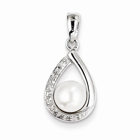 Sterling Silver 6mm FW Cultured Pearl & Diamond Teardrop Pendant, Pendants for Necklace