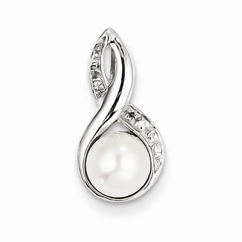 Sterling Silver Rhodium 6mm FW Cultured Pearl & Diamond pendant, Charm