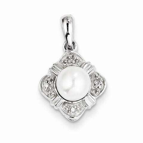 Sterling Silver Rhodium FW Cultured Pearl & Diamond pendant, Adorable Pendants for Necklace