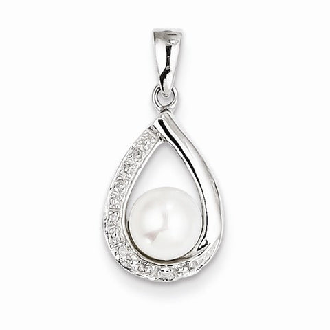 Sterling Silver Rhodium FW Cultured Pearl & Diamond pendant, Dazzling Pendants for Necklace