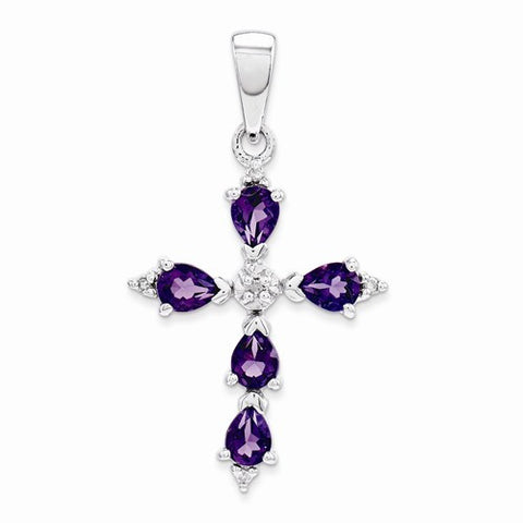Sterling Silver Rhodium Pear Amethyst Cross Pendant, Pendants for Necklace